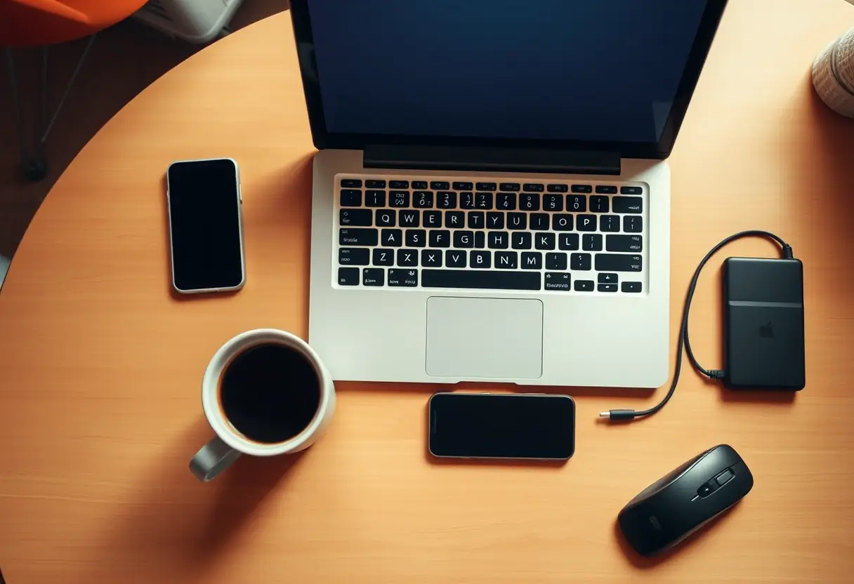 Ordinateur portable avec accessoires électroniques et café